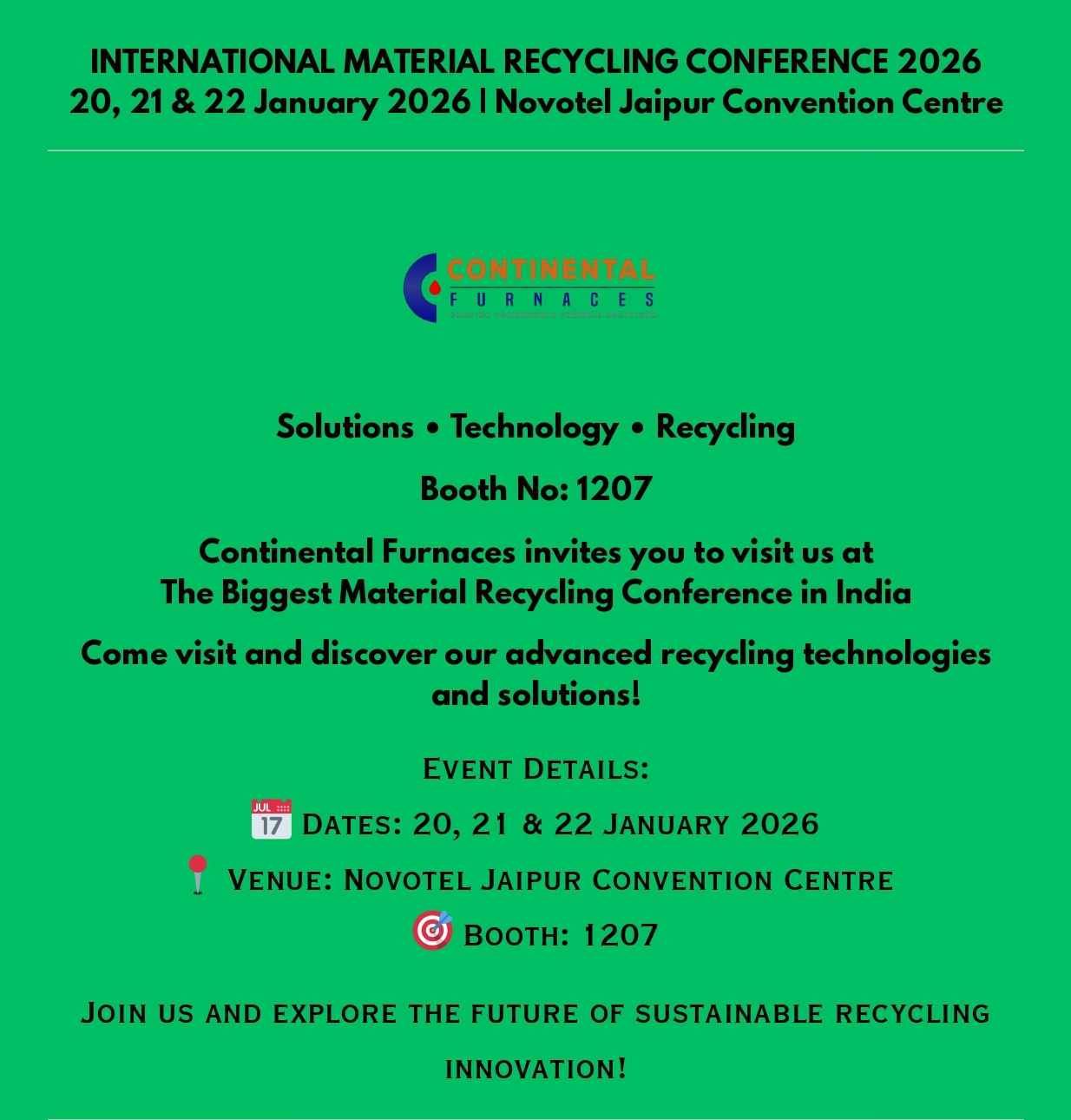 Join Continental Furnaces at IMRC 2026: India’s Premier Material Recycling Conference